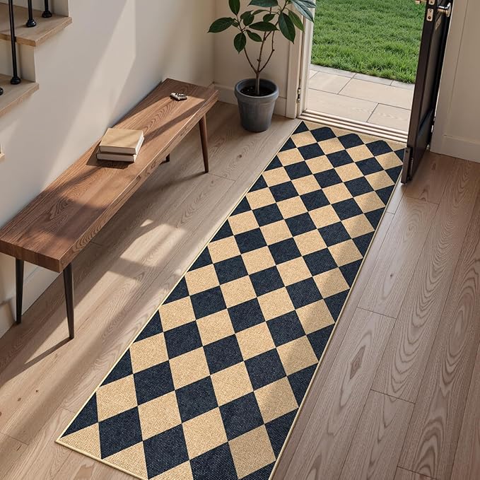 Lanffia Checkered Easy Jute Kitchen Runner Rug, 2x8 Indoor Outdoor Runner Rugs for Hallway Entry, Black Non Slip Washable Area Rug, Checkerboard Nature Kitchen Runners for Laundry Entryway