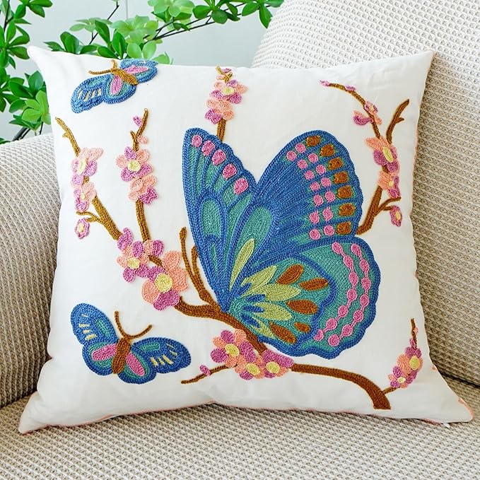 vctops Floral Butterfly Embroidered Pillow Covers 18x18 Inch Spring Summer Cotton Tufted Throw Pillow Cover Outdoor Garden Cushion Case for Sofa, Bed, Living Room (Butterfly,18"x18")