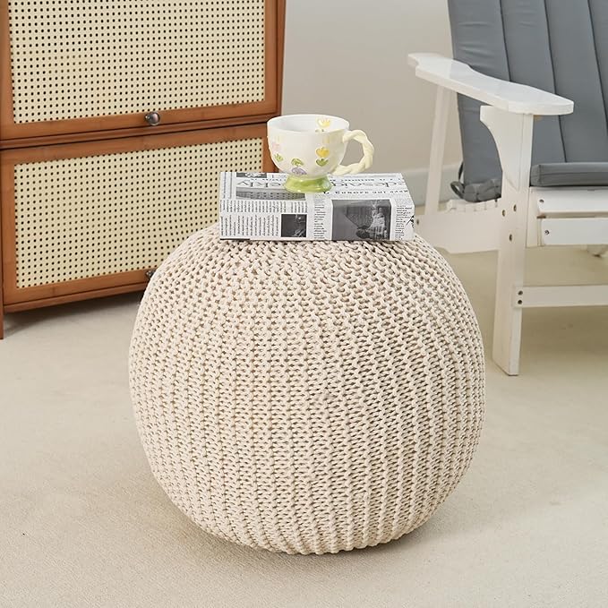 Pouf Ottoman Stuffed Round Modern Foam Filled Foot Rest Poufs for Living Room Chair Decorative 20 X 14 Inches Boho Relax Stool for Wedding Christmas Party, Beige (Beige, 20inch)