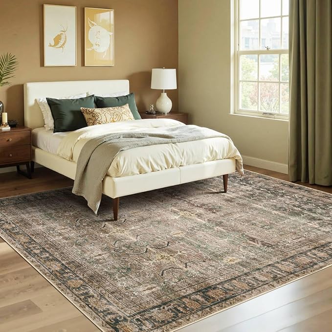 Brown 5x7 Area Rugs for Living Room Bedroom, Large Washable Rug, Vintage Retro Boho Rug, Non Slip & Low Pile Faux Wool Thin Carpet for Indoor Dining Room and Kids Room(Charcoal/Olive 5x7ft)