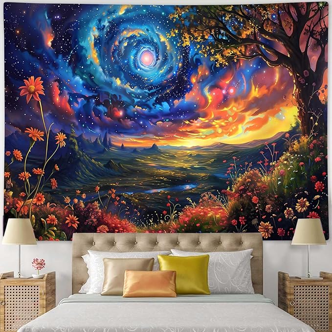 MCKTOM Galaxy Space Tapestry Trippy Mountain Starry Sky Misty Forest Fantasy Landscape Tapestry Wall Hanging for Bedroom Aesthetic Living Room Home Decor 80X60 Inches