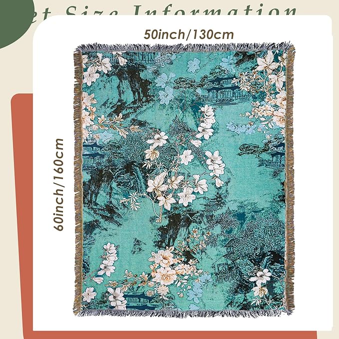 Snycler New Chinese Style Throw Blanket for Bed 50 * 60inch Woven Blanket Cotton Polyester Farmhouse Decor for Indoor Outdoor Sofa Bedroom Garden，All Season
