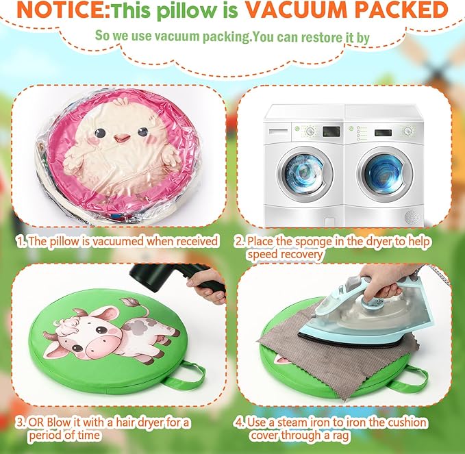 8 Pcs Kids Floor Cushions for Classroom Flexible Round Seating with Handle Soft Waterproof Floor Pillows with Cute Cartoon Animal Pattern for Elementary Daycare Preschool(Farm Animals)