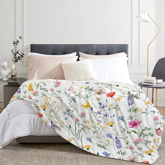 Watercolor Floral Throw Blanket Colorful Wildflower Blankets Botanical Plant Leaf Bed Blanket Flower Butterfly Flannel Fleece Throw Blanket for Couch “50x60”