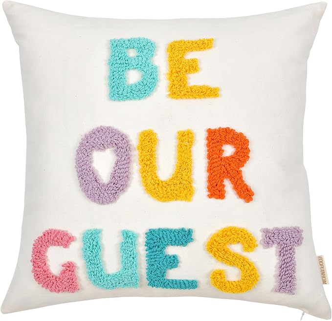 "Be Our Guest Boho Pillow Covers 18X18 Inch Decorative Words Tufted Throw Pillow Covers Farmhouse Pillow Case for Couch Sofa Bed Living Room Bedroom, Teal/Yellow/Lilac