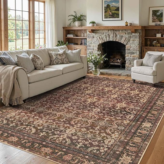 Oriental 5x7 Area Rugs for Living Room Bedroom, Vintage Washable Christmas Rug, Red Boho Area Rug, Non Slip & Low Pile Faux Wool Carpet for Indoor Dining Room and Kids Room(Red 5x7ft)