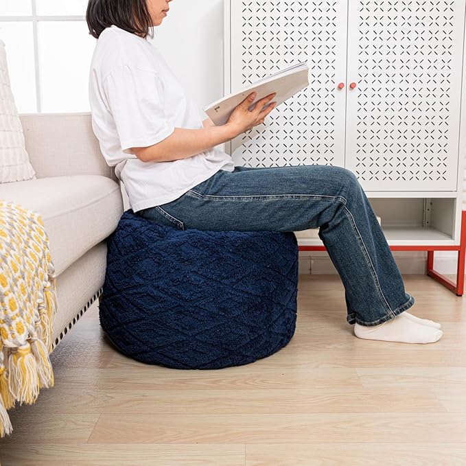 Fluffy Round Ottoman Pouf with All-in-One Foam Filling 20" x 14" Furry Ottoman Foot Rest Foot Stool for Living Room or Bedroom (Navy Blue)