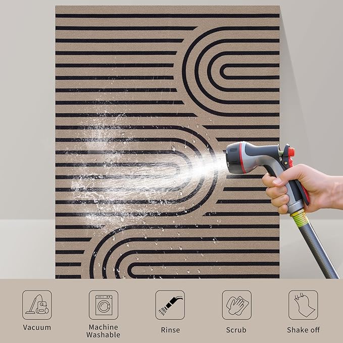 Tangsoo Easy Jute 4x6 Washable Rug for Outdoor Patio,Non-Slip Black Area Rug Thin Indoor Outdoor Carpet,Boho Farmhouse Throw Mat for Front Porch Bedroom Foyer