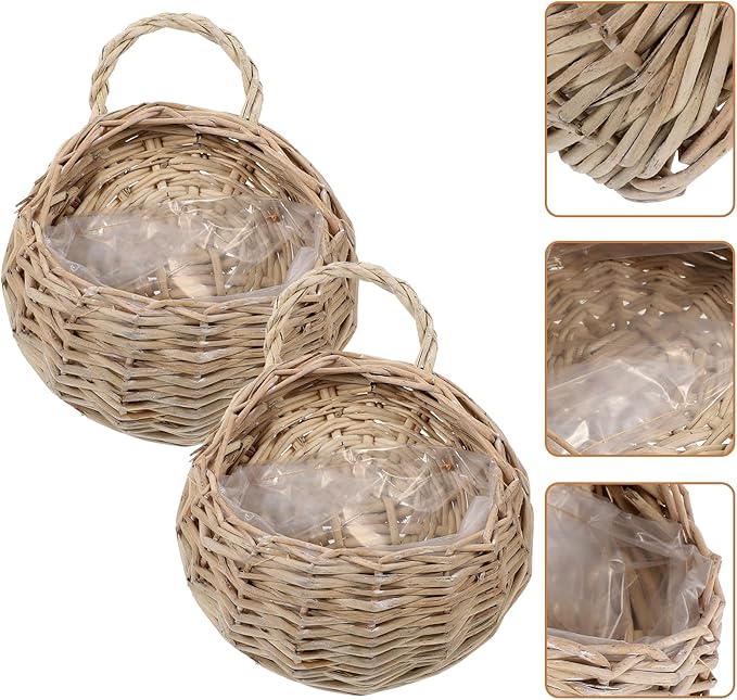 DOITOOL Rattan Basket Hanging 2pcs Rattan Hanging Planters - Round Plant Baskets Bonsai Flowerpot - Woven Flower Pots Flower Holders Containers for Garden Balcony （Dark Khaki）