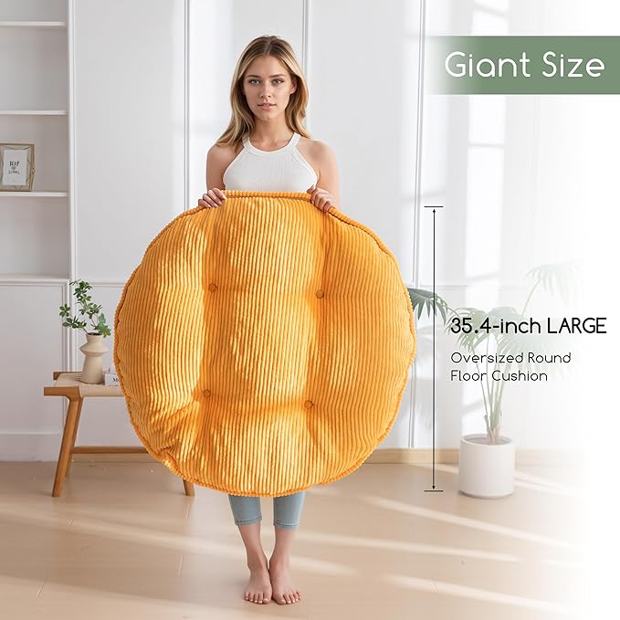 35" Washable Floor Pillow Cushion for Adults, Meditation Cushion Pillow, Extra Large Round Floor Sitting, Removable Tufted Corduroy Cover, for Tatami Living Room or Yoga, Orange, Machine Washable