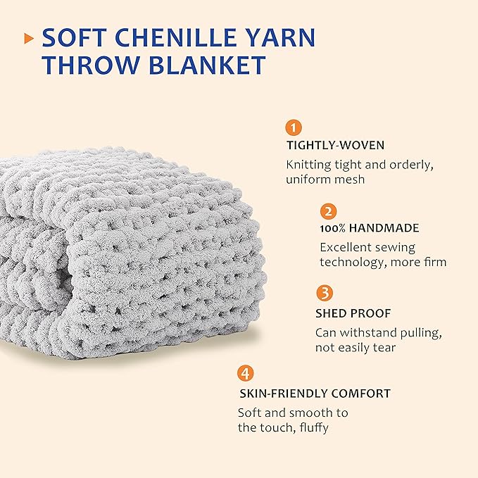 L'AGRATY Chunky Knit Blanket Throw: 80''x90'' Chenille Chunky Knitted Throw Blanket for Bed Couch - Handmade Thick Big Cable Knit Blankets - Large Crochet Rope Blankets for Home Decor(Grey)