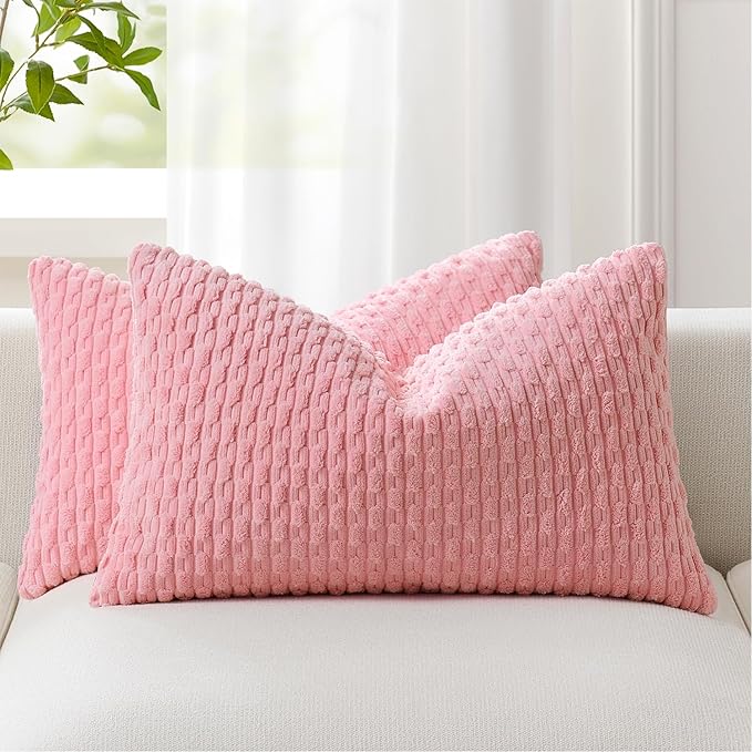 Kevin Textile Valentines 14x22 Inch Pillow Cover 1 Pack Boho Decorative Soft Striped Corduroy Lumbar Farmhouse Accent Rectangle Cushion Case for Living Room Couch Sofa Bed, Pink