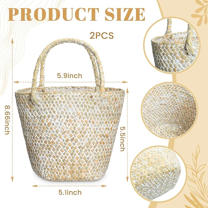 LemonRoad 2 Pcs Flower Girl Basket for Wedding Small Rustic Seagrass Basket with Handle Boho Wedding Flower Storage Farmhouse Decor for Petals Confetti Sweets Gifts 5.12 x 5.51''d (White)