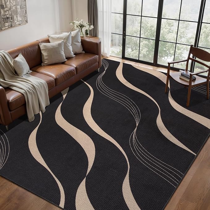 Tangsoo Easy Jute 5x7 Area Rug for Living Room,Black Washable Rug Non Slip Thin Indoor Outdoor Carpet,Farmhouse Modern Throw Mat for Home Office Balcony Backyard Patio Decor