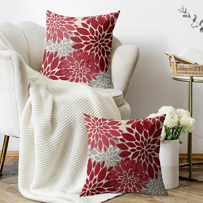 Red Christmas Pillow Covers 24X24 Inch Set of 2, Dahlia Flower Spring Summer Floral Cream Decorative Throw Pillow Covers Outdoor Modern Farmhouse Cushion Case for Home Couch Sofa Bed Decor