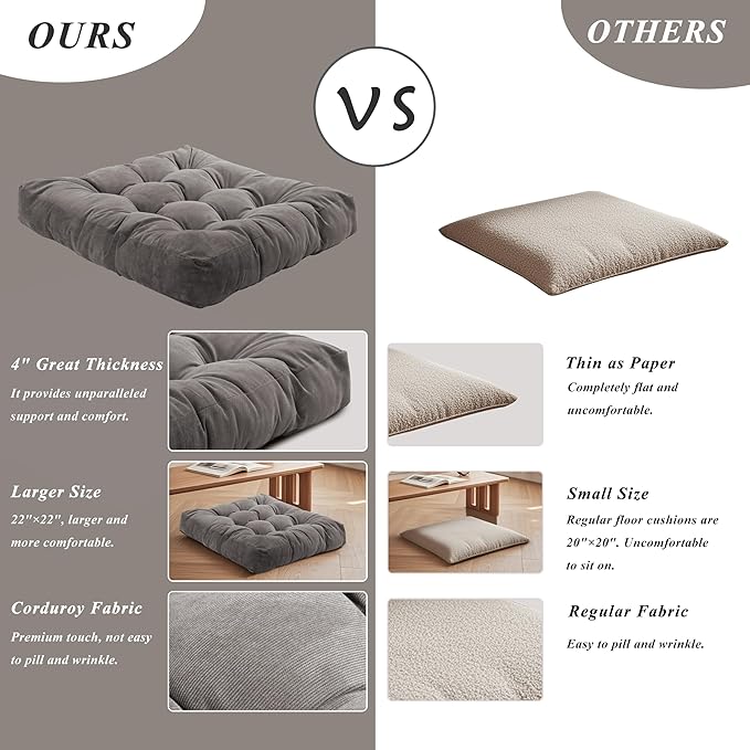 Meditation Floor Pillow 22×22 Inch 2 Pack Large Floor Cushions for Adults Square Tufted Corduroy Floor Pillows for Yoga Living Tatami Room Grey