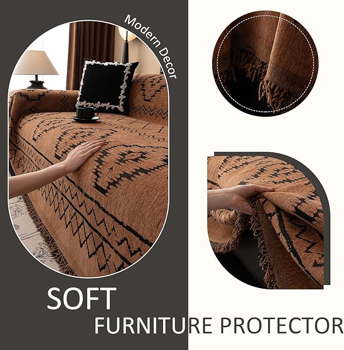 VClife Bohemian Sofa Covers Chenille Couch Cover for Sectional Couch, Soft Non Slip Couch Covers for 2 Cushion Sofa Breathable Sofa Furniture Protector Slip Cover for Couch, Pumpkin, 71"X118"