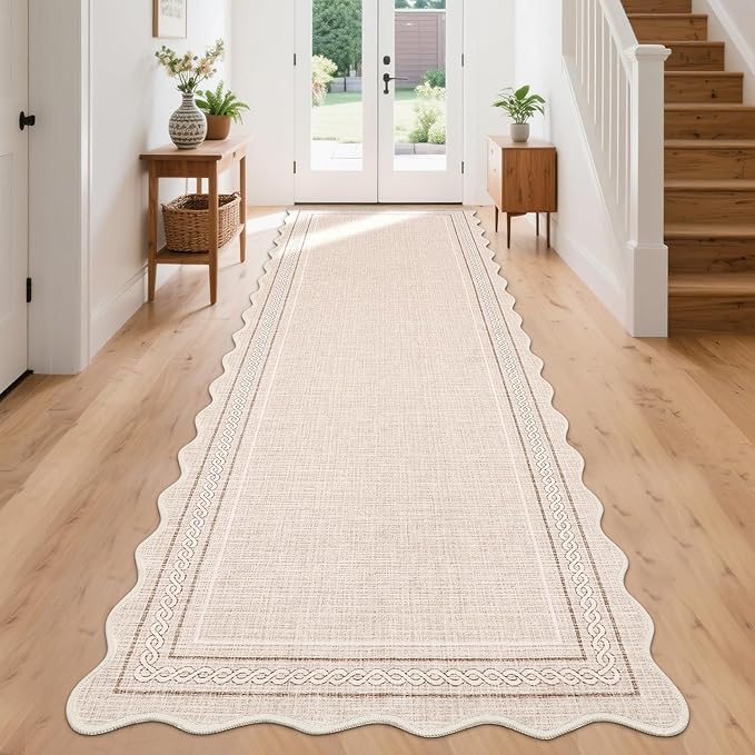 GarveeHome Scalloped Washable Runner 2x8 Rugs for Entryway Non Slip Kitchen Runner Beige Bordered Neutral Rugs Low Pile Hallway Rug Stain Resistant Carpet for Bathroom Laundry Room, Beige