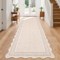 GarveeHome Scalloped Washable Runner 2x8 Rugs for Entryway Non Slip Kitchen Runner Beige Bordered Neutral Rugs Low Pile Hallway Rug Stain Resistant Carpet for Bathroom Laundry Room, Beige