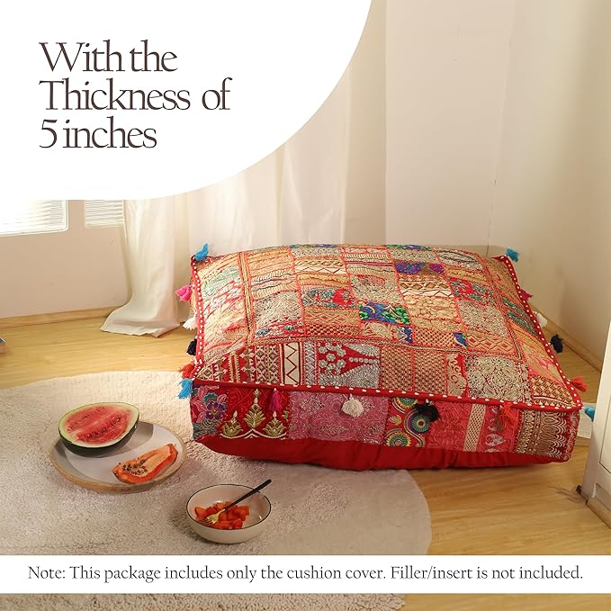 THE ART BOX Cotton Patchwork Vintage Boho Embroidered Floor Pillows & Cushion Cover Dog Pouf Seating Pouf Meditation Pillow Pet Bedding Cat Bed Boho Home Décor (35x35 Inches, Cover Only)