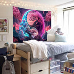 JAWO Tree Life Tapestry Aesthetic, Colorful Pink Flowers Sun and Moon Art Tapestry Wall Hanging for Girls Bedroom, Cool Nature Galaxy Yin Yang Anime Tapestries Poster of Dorm Home Decor 80X60 Inches