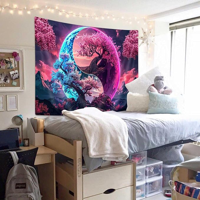 JAWO Tree Life Tapestry Aesthetic, Colorful Pink Flowers Sun and Moon Art Tapestry Wall Hanging for Girls Bedroom, Cool Nature Galaxy Yin Yang Anime Tapestries Poster of Dorm Home Decor 80X60 Inches