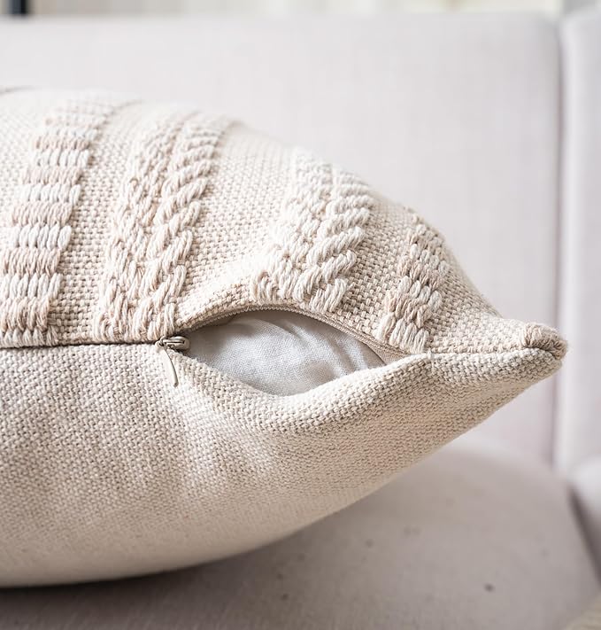 Boho Throw Pillow Covers 22x22 Inch Set of 2, Farmhouse Decorative Couch Pillow Cases, Beige Accent Pillows of Bed, Sofa Bedroom Living Room Home Decor Cushion Cover