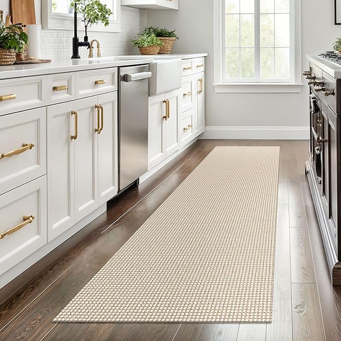 EARTHALL Woven Runner Rug 2.6x8 Ft Washable Runners for Hallways Wide Non Slip Rubber Backed Kitchen Runner Braided Indoor Floor Carpet for Entryway Hallway Kitchen Bedroom, Beige/Khaki