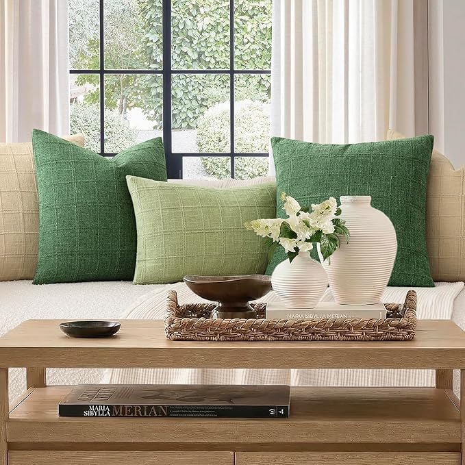 Foindtower Set of 2 Decorative Linen Check Throw Pillow Covers Neutral Farmhouse Vintage Cushion Covers Modern Boho Accent Home Decor for Sofa Chair Couch Bedroom Living Room,18×18 Inch,Forest Green