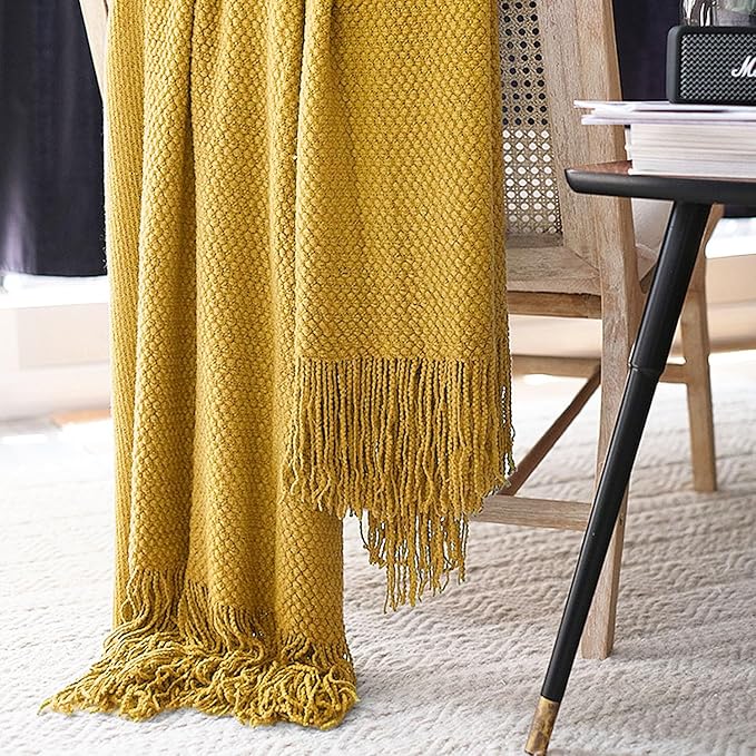 LOMAO Knitted Throw Blanket with Tassels Bubble Textured Lightweight Throws for Couch Cover Home Decor (Mustard Yellow, 50x60)