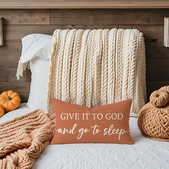 Rust Orange Fall Pillow Covers 12x20 Inch Set of 2 – Give It to God and Go to Sleep/Relax God’s Got This – Christian Throw Pillow Cover for Couch or Entryway