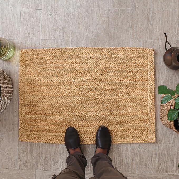 HOMEMONDE Natural Handcrafted Woven Jute Rug 2'x3' - Rustic Vintage Braided Reversible Farmhouse Indoor Floor Rug - Eco Friendly for Entryway, Kitchen Living Room, Bedroom