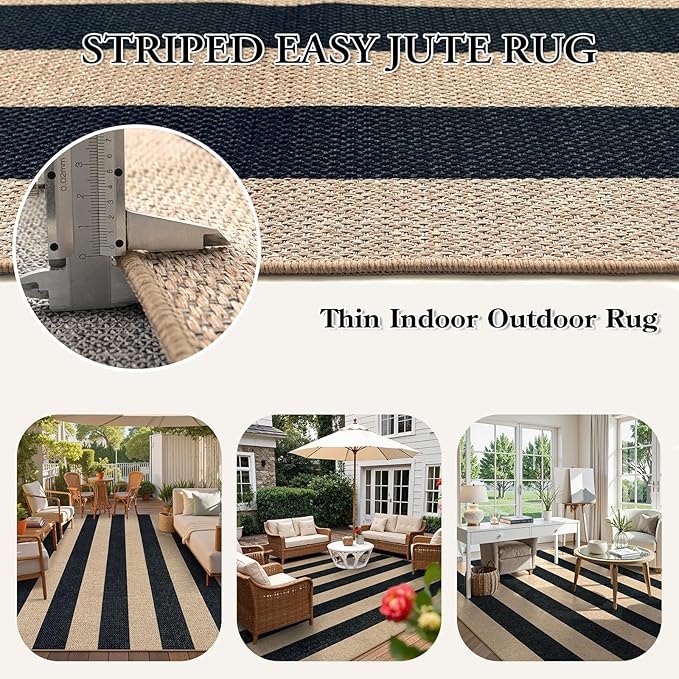 Lahome Elance Striped Easy Jute Outdoor Rug, Washable Rugs 8x10 for Living Room Patio Indoor Outdoor Black Carpet, Farmhouse Neutral Non Slip Non Shedding Floor Carpet for Office Sunroom Dining Room
