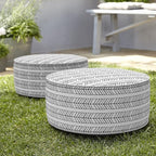 Indoor/Outdoor Inflatable Ottoman D21 x H9 inch, Round Footstool Inflatable Foot Rest Ottoman with Handle, Portable Ottomans Pouf for Patio, Garden, Camping, Home, Herringbone Black White