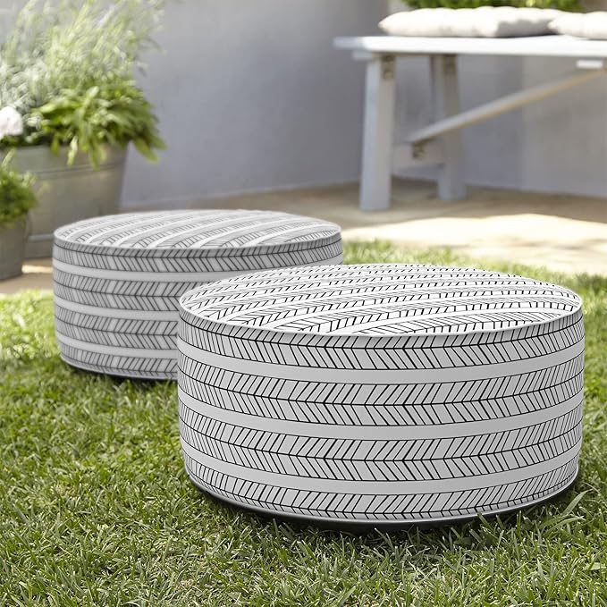 Indoor/Outdoor Inflatable Ottoman D21 x H9 inch, Round Footstool Inflatable Foot Rest Ottoman with Handle, Portable Ottomans Pouf for Patio, Garden, Camping, Home, Herringbone Black White