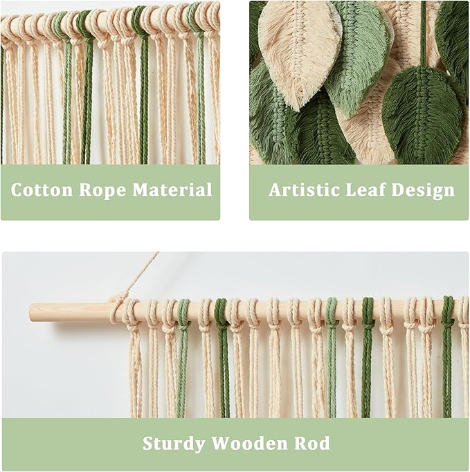 Macrame Wall Hanging Boho Wall Tapestry Handmade Woven Leaf Wall Decor Crochet Wall Art for Home Office Apartment (Green, 15.8" W X 31.5" L)