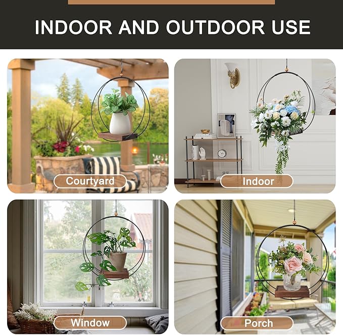 Hanging Plant Holder Indoor, Modern Boho Hanging Planter with Sturdy Wood Base, Unique Ceiling Plant Hangers for Indoor Plants, Ceiling Window Wall Home Decor (Black, Fit 3-5.5inch Pot)