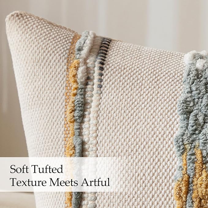 ANRODUO Pack of 2 Boho Decorative Throw Pillow Covers 26x26 Farmhouse Cushion Case Striped Chenille Pillow Cases Square Pillow Covers Accent Neutral Pillowcase for Sofa Couch Bed, Blue-Earth Tones