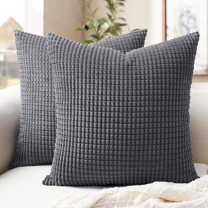Softalker Throw Pillow Covers 16x16 Inch, Set of 2, Soft Corduroy Boho Stripe Decorative Pillow Cover, Couch Fluffy Pillow Cover for Farmhouse Home Decor Bed Living Room, Dark Grey
