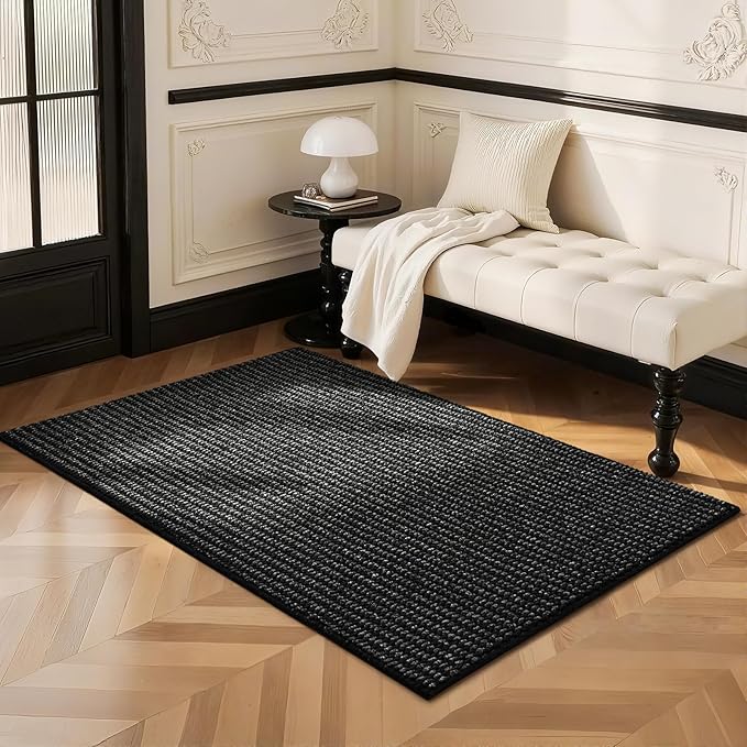 Softlife Rugs for Entryway 2x3 Faux Jute Rug Dirt Trapper Small Bathroom Rug Washable Door Rugs Kitchen Mat Modern Farmhouse Carpet for Front Porch Bathroom Kitchen Bedroom, Black