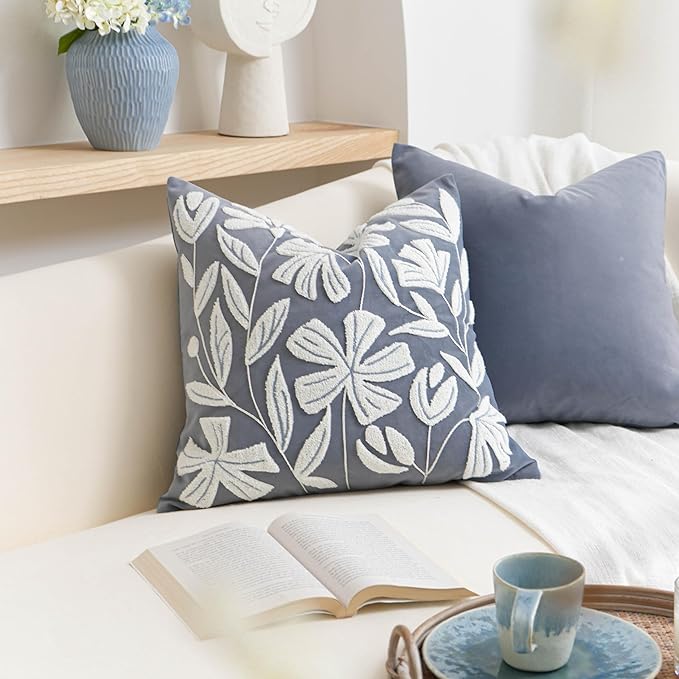 BlissBlush 20x20 Throw Pillow Cover, Grayish Blue Square Decorative Cushion Cover for Couch Sofa, Floral Tufted Embroidered Velvet Farmhouse Accent Pillowcase (Cover Only)