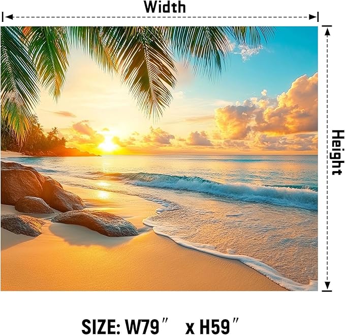 AOHMPT Ocean Tapestry, Beach Evening Sunset Tapestry, Natural Beach Palm Tree Landscape Tapestries Poster, Seaside Landscape Wall Hanging for Bedroom, Dorm Room and Living Room Wall Decor 79" L x 59" W