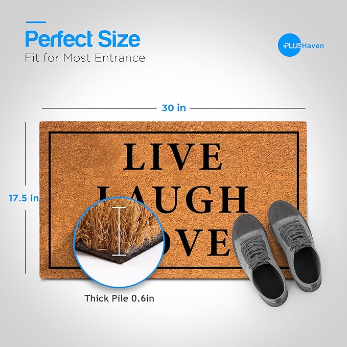 PLUS Haven Coconut Coir Home Entrance Door Mat – 17.5" x 30" | Live Laugh Love Heavy-Duty Doormat for Indoor & Outdoor Use | Durable & Eco-Friendly