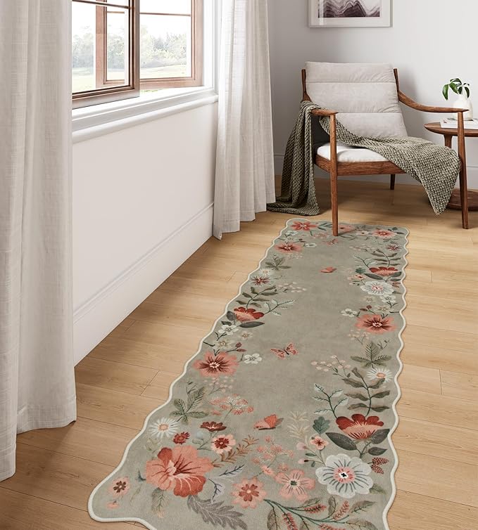 Lahome Floral Kitchen Runner, 2X6 Washable Runner Rug Non-Slip, Ultra-Thin Soft Hallway Rug Stain Resistant Boho Carpet for ‎Bedroom Laundry Bathroom Flore, Brown