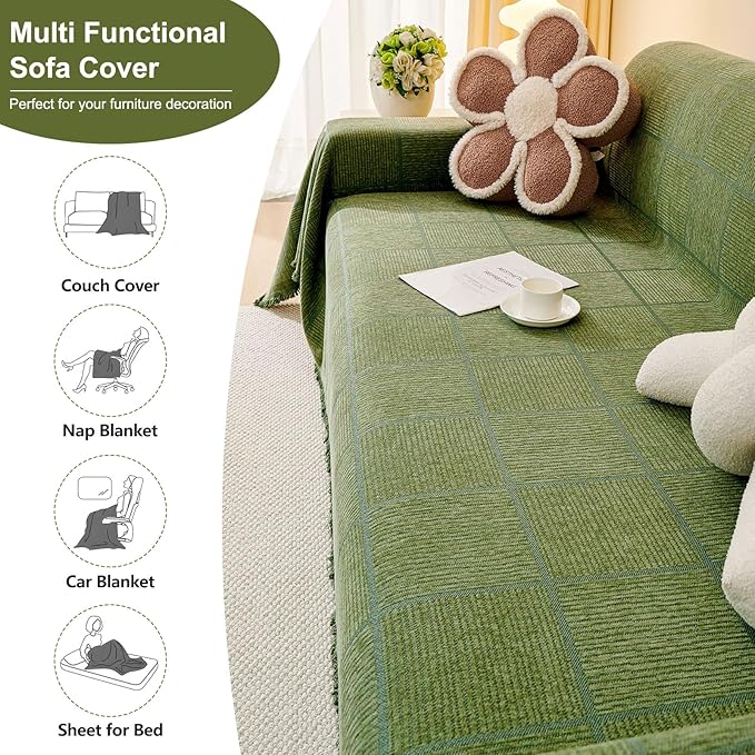 ROOMLIFE Sofa Covers for 3 Cushion Couch Boho Style Green Block Sectional Couch Covers Practical Futon Sofa Slipcover Versatile Couch Cover Blanket for Dogs Cats Couch Protector, 71"x134"