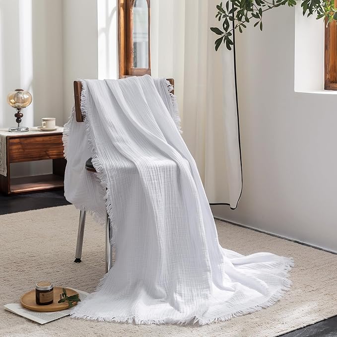 FOSSA Muslin Blanket with Fringe - 4-Layer 100% Cotton Gauze Super Soft & Breathable Throw -Lightweight Decorative Cooling Blanket for Bed, Sofa, Office (Bright White, Queen (90" × 90"))