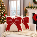 Tosleo Christmas Tufted Pillow Covers 18 x 18 inch Set of 2 Xmas Red Bow Throw Pillow Cover Party Decor Winter Holiday Embroidery Cushion Case for Sofa Couch Bed Living Room