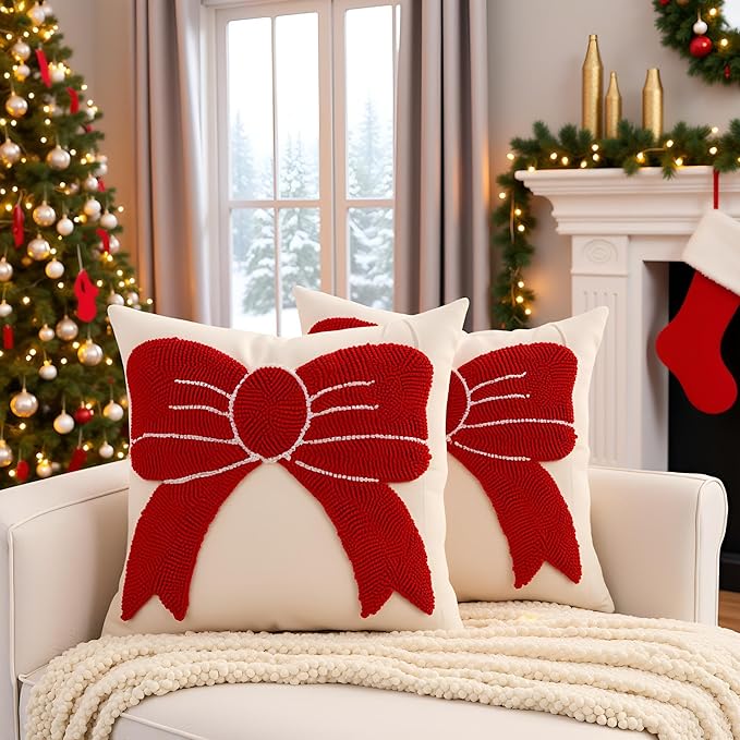 Tosleo Christmas Tufted Pillow Covers 18 x 18 inch Set of 2 Xmas Red Bow Throw Pillow Cover Party Decor Winter Holiday Embroidery Cushion Case for Sofa Couch Bed Living Room