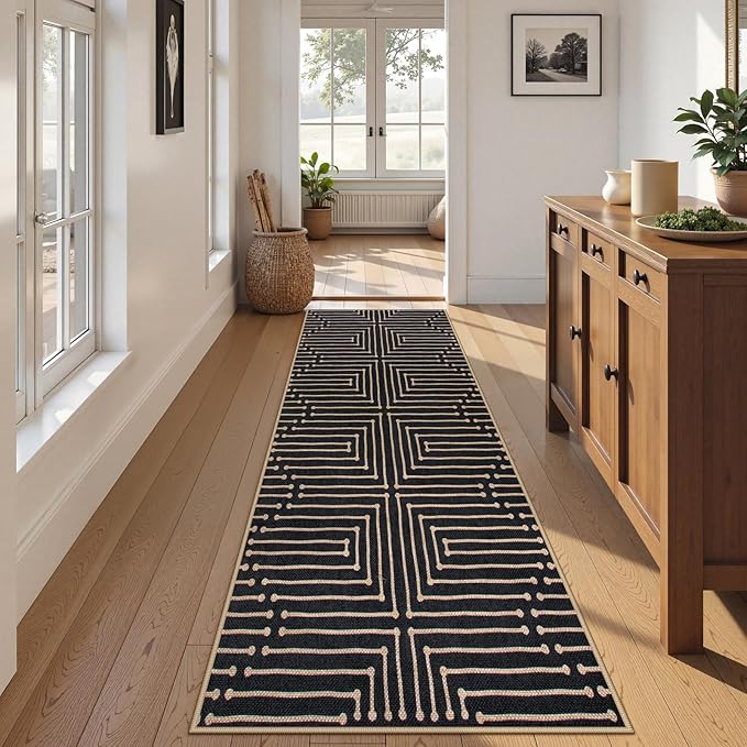 Lahome Maze Lines Easy Jute Washable Runner Rug, 2x8 Kitchen Runner Rug for Hallway, Non Slip Indoor Outdoor Rugs for Entryway Indoor, Black Low Pile Front Door Carpet for Laundry