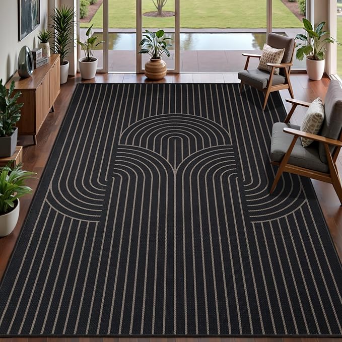 Tangsoo Modern Easy Jute Rug 6x9 Washable Area Rugs for Living Room,Black Non Slip Indoor Outdoor Carpet,Farmhouse Large Throw Mat for Office Bedroom Backyard Dining Room Backyard Office